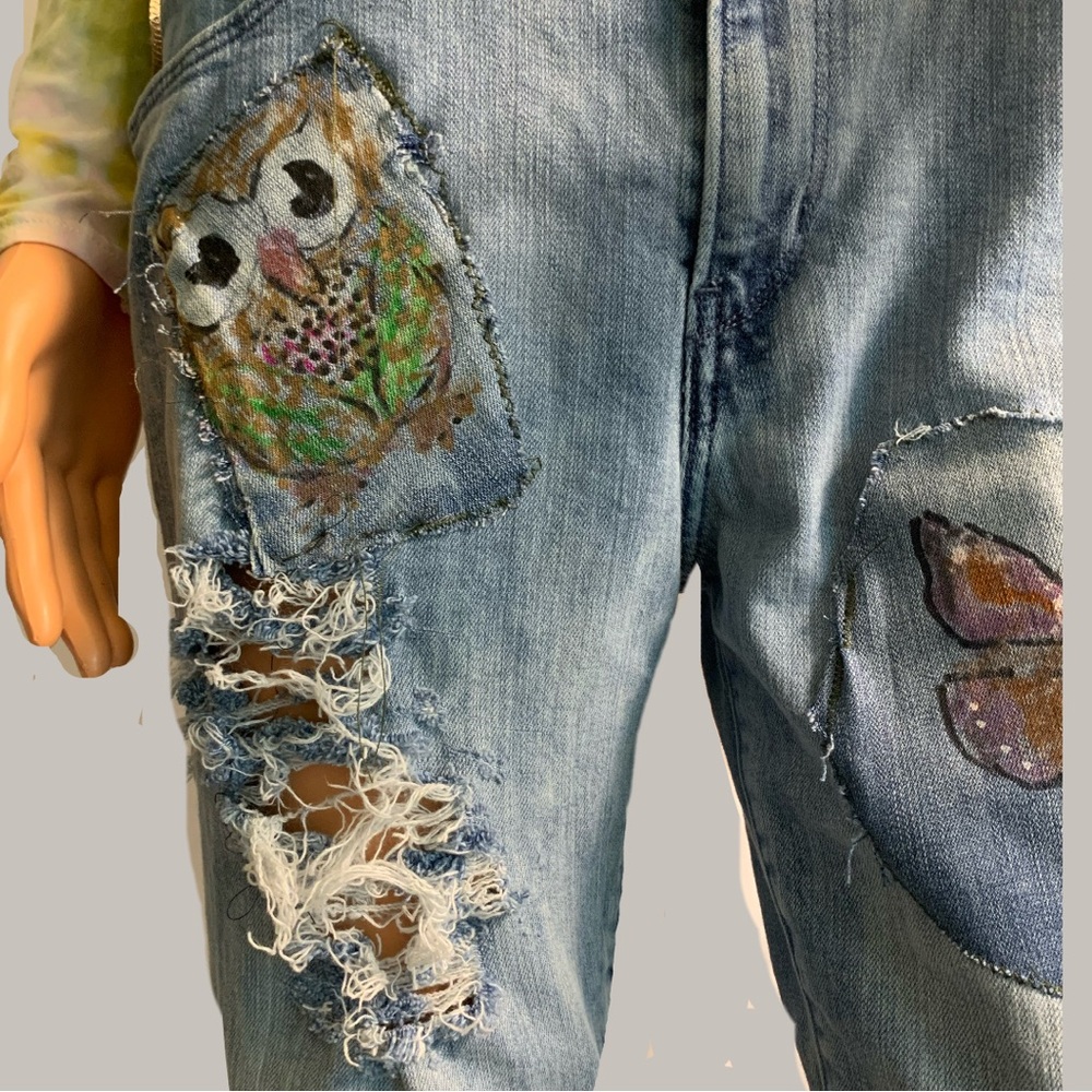 Homemade Patched Up Upcycled Blue Denim Cutoff Shorts - Picture 7 of 13